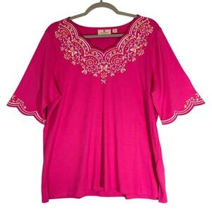 Quacker Factory Embroidered Embellished Top Pink Sz L Floral Butterflies Scallop